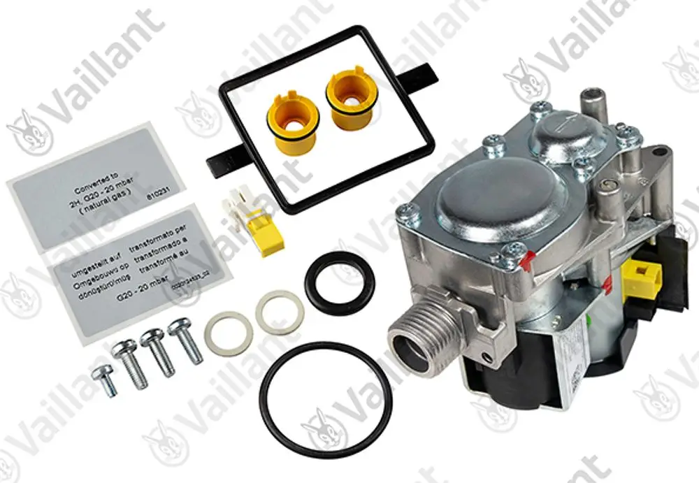 Vaillant Umstellsatz mit Gasregelventil, Montageschrauben, Dichtungen und elektrischen Anschlüssen, zur Umstellung der Gasversorgung.